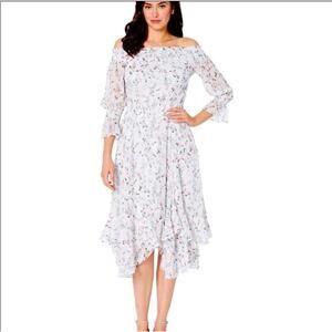 Tahari Off The Shoulder Floral Dress Ruffle Bottom Off White Size 8